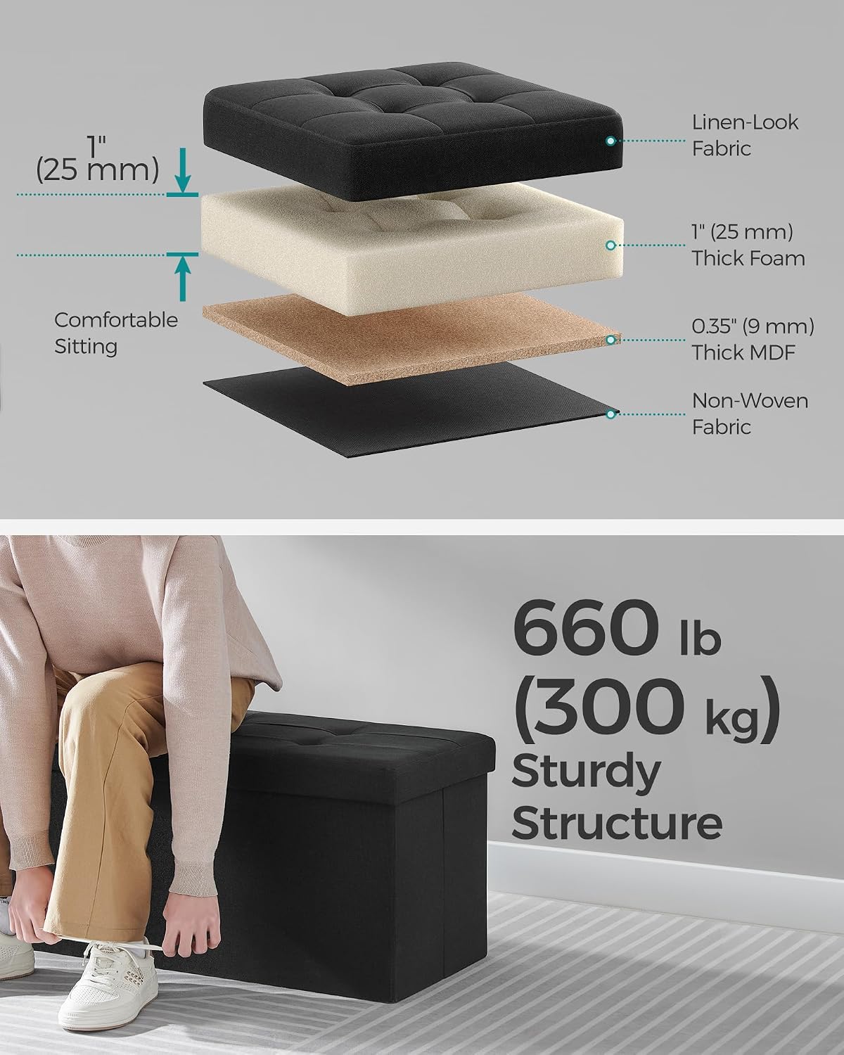 Ink Black Foldable Storage Ottoman Bench