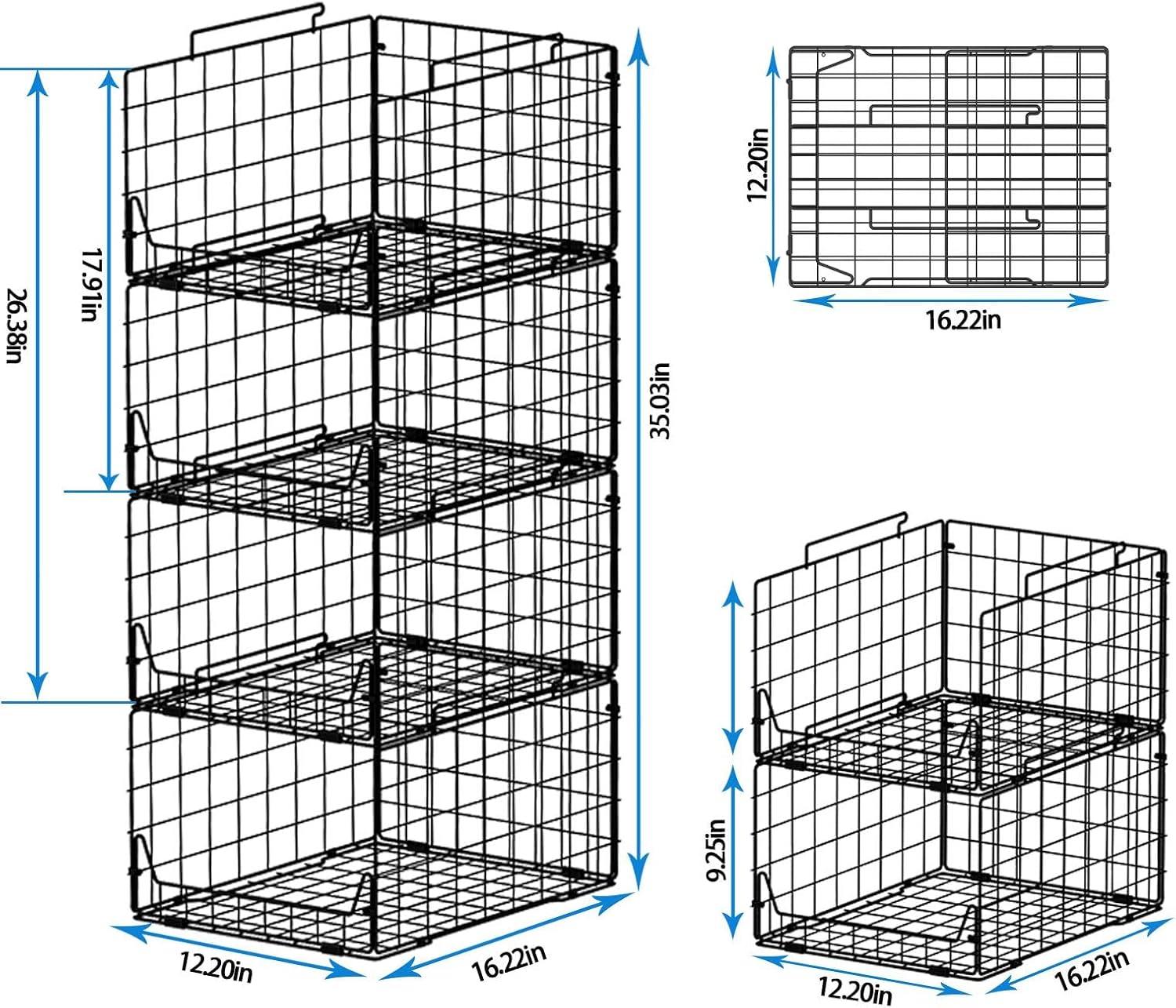 Black 4-Pack Stackable Metal Closet Storage Bins