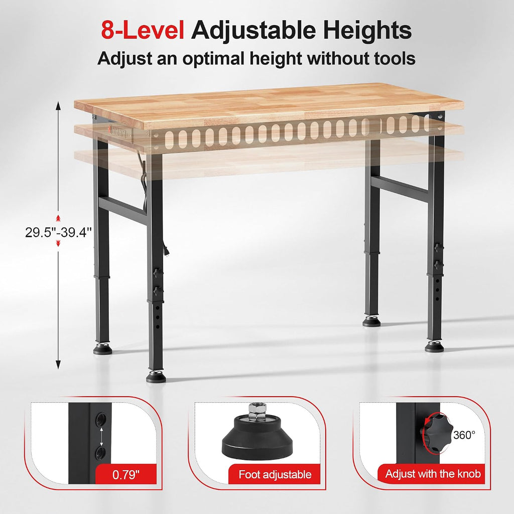 48x24 Inch Rubber Wood Top Heavy Duty Adjustable Workbench