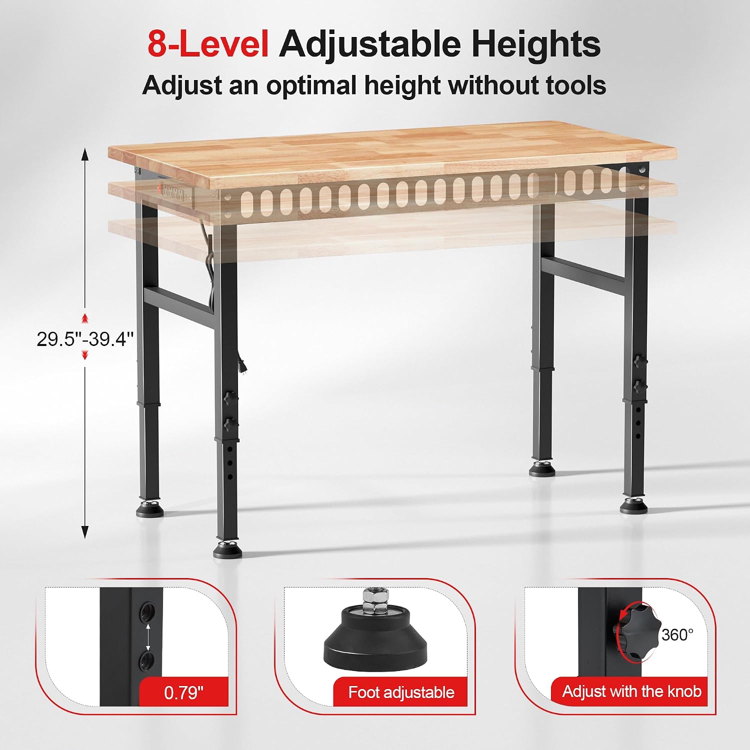 48x24 Inch Rubber Wood Top Heavy Duty Adjustable Workbench