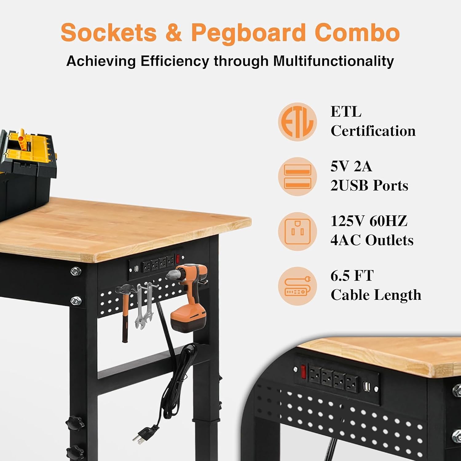 60 Inch Rolling Rubberwood Adjustable Heavy Duty Workbench