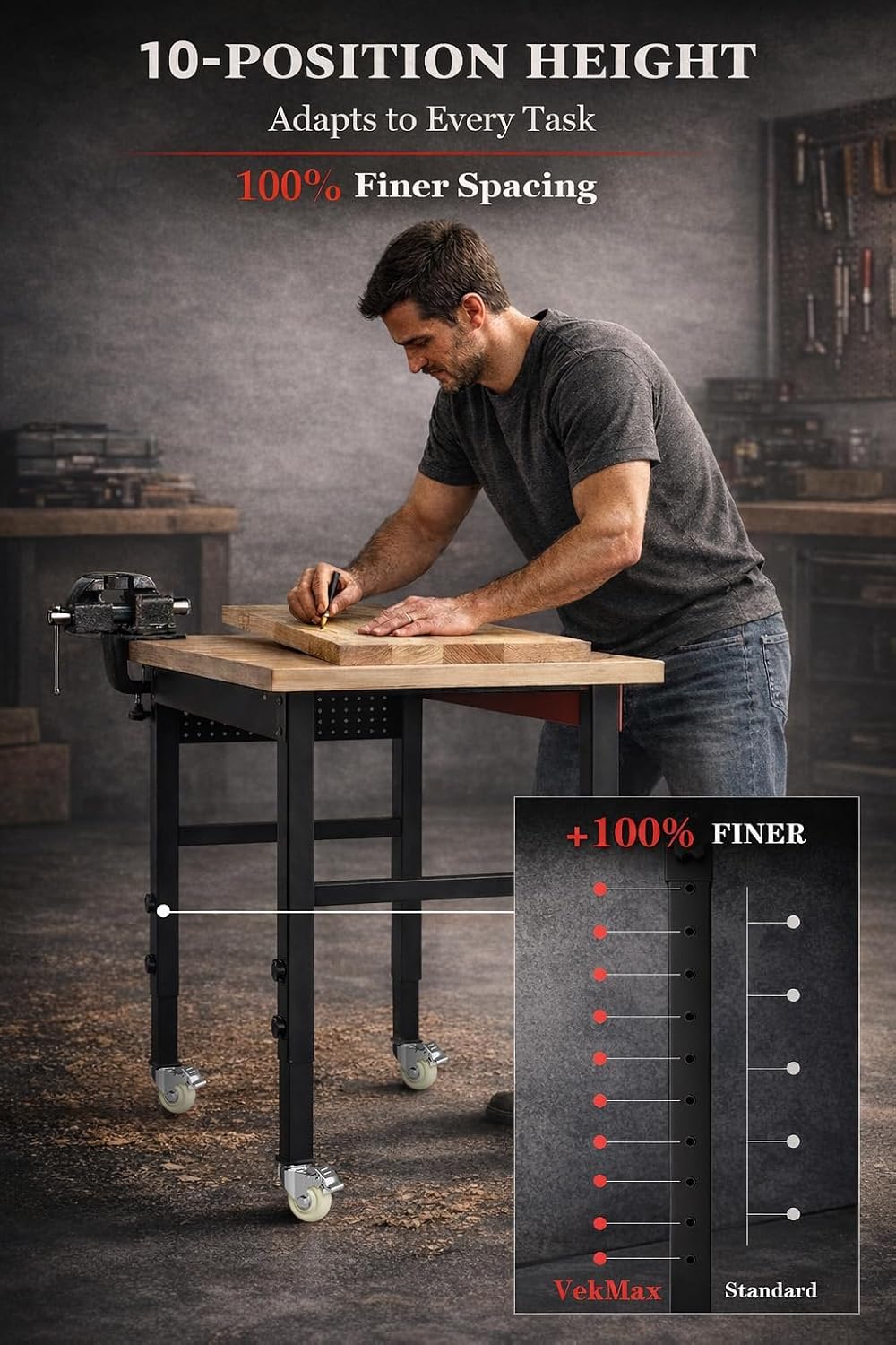 60 Inch Adjustable Rolling Oak Top Heavy Duty Workbench