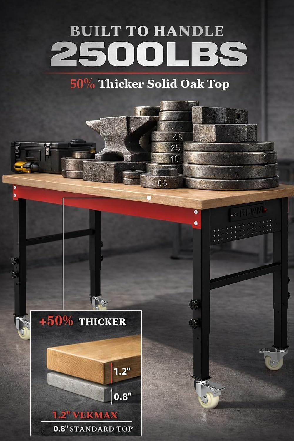 Rolling Oak Top Adjustable Workbench