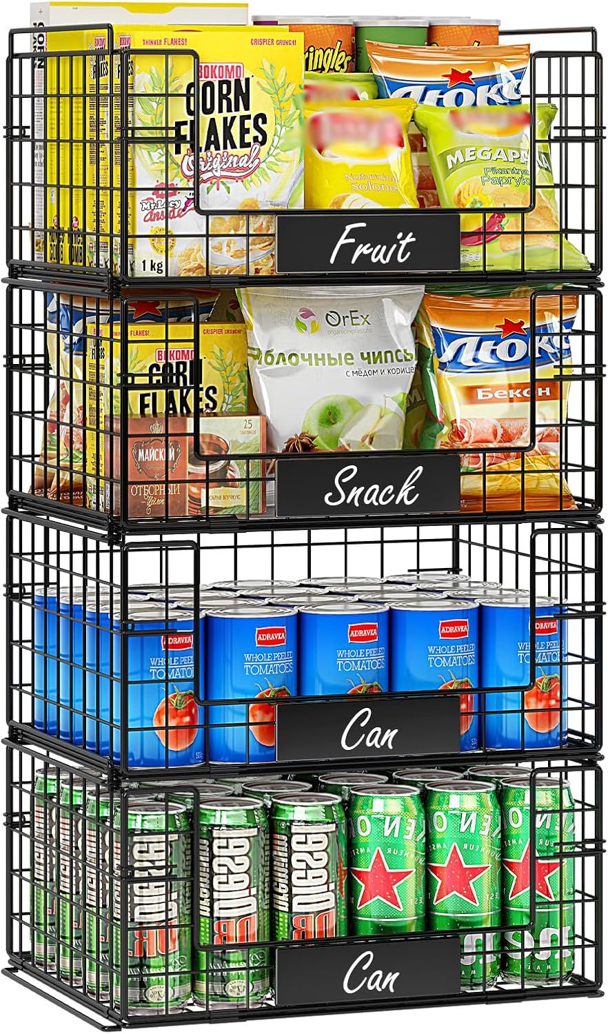 4-Pack XXL Stackable Metal Wire Pantry Storage Baskets
