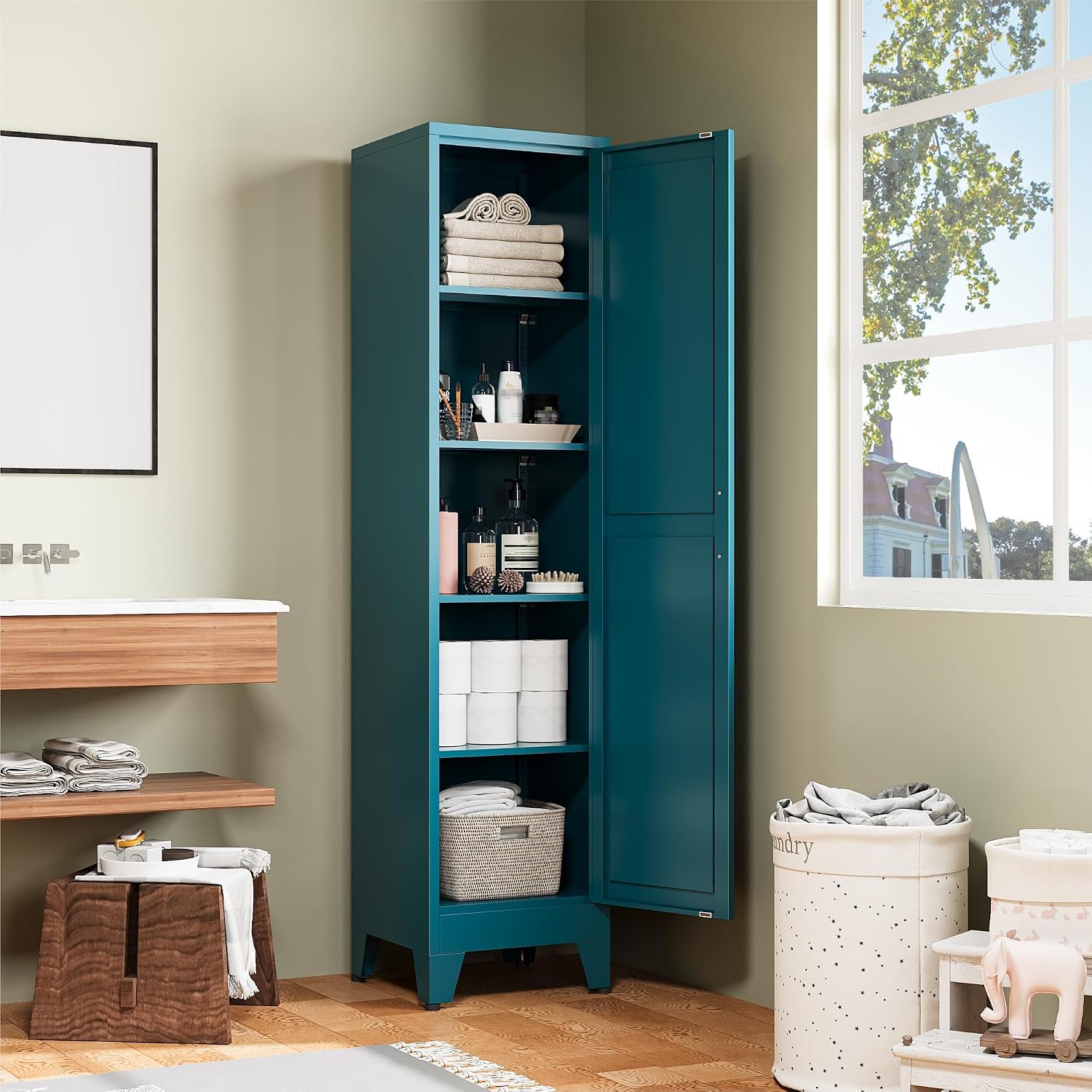 Peacock Blue Slim Metal Storage Cabinet