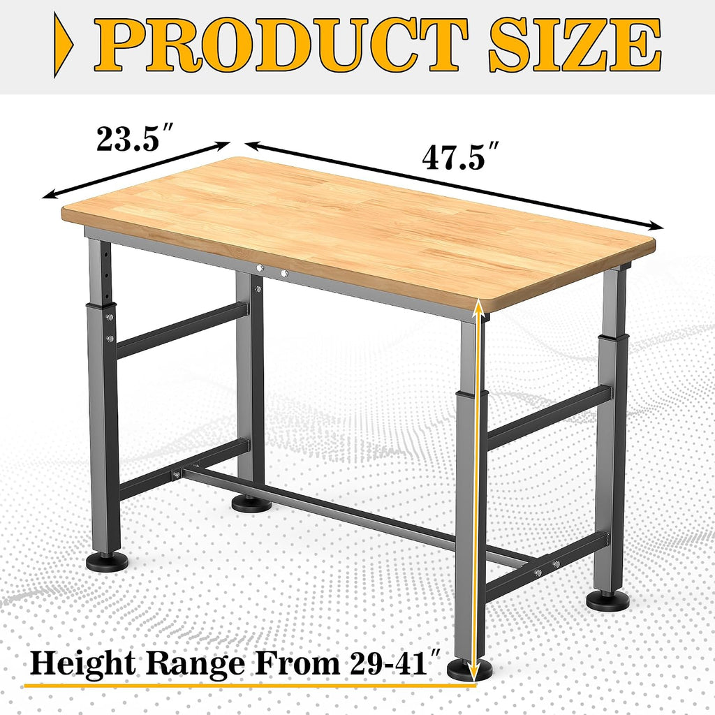 47.5 Inch Adjustable Rubberwood Heavy Duty Garage Workbench