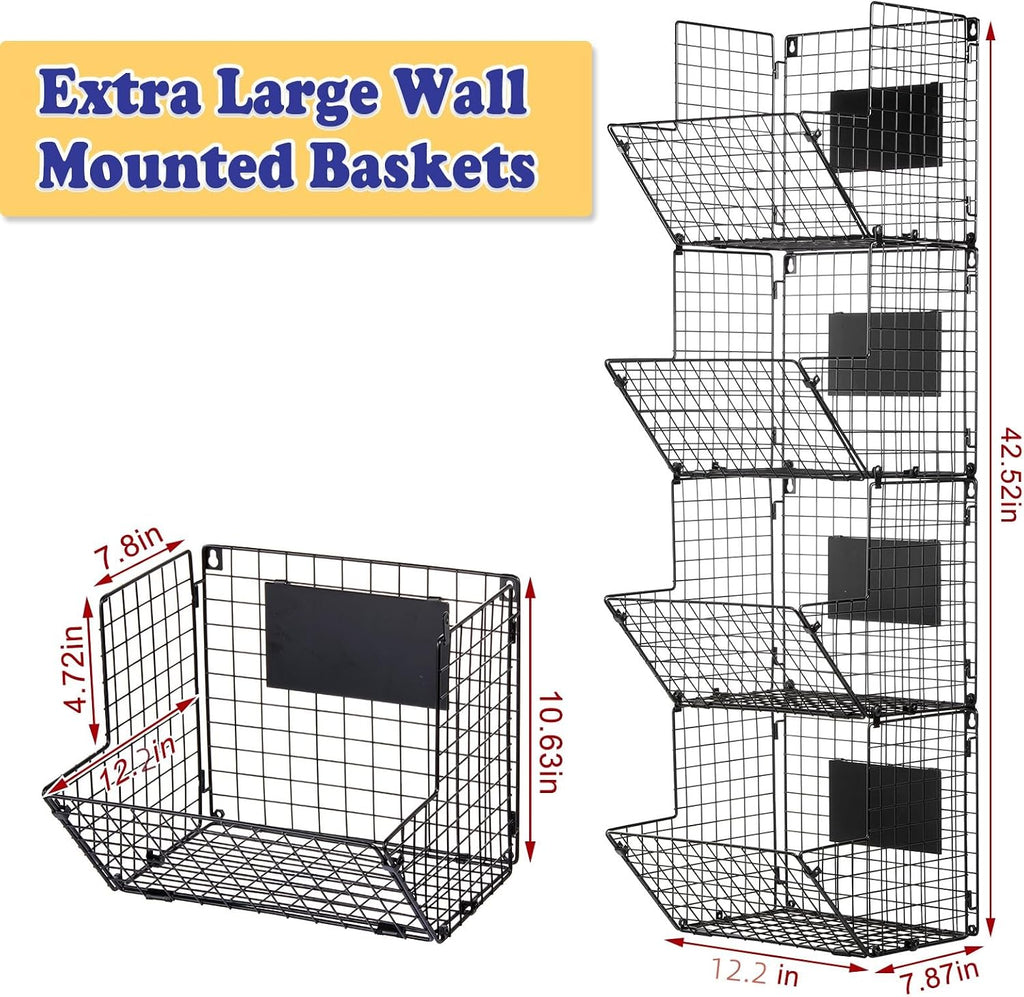 Black 4-Tier Wall Mount Metal Wire Storage Baskets