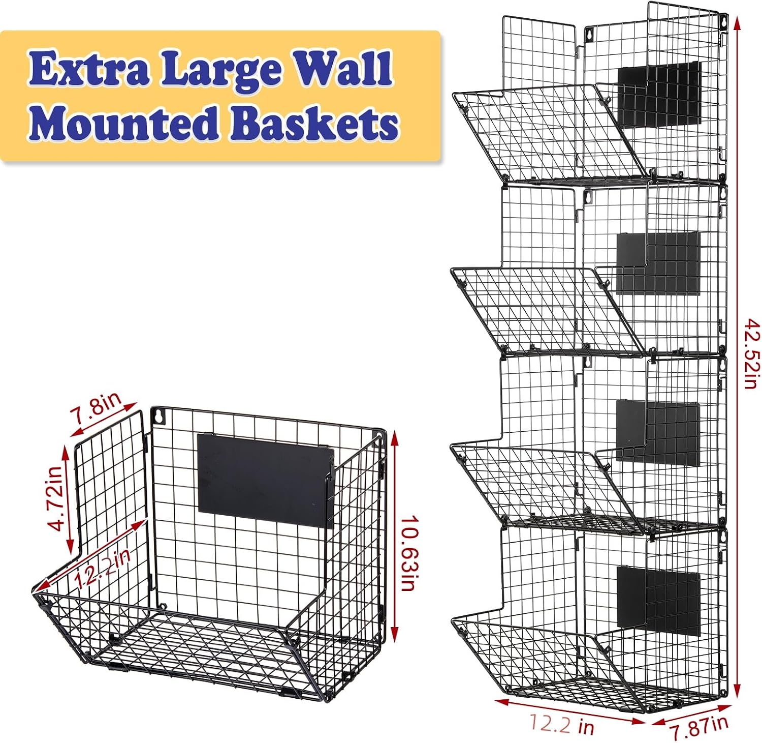 Black 4-Tier Wall Mount Metal Wire Storage Baskets