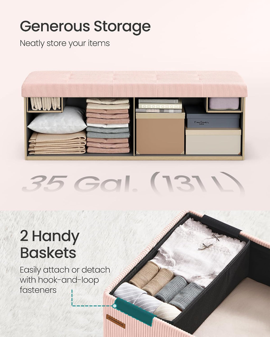 Pink Foldable Storage Ottoman Bench