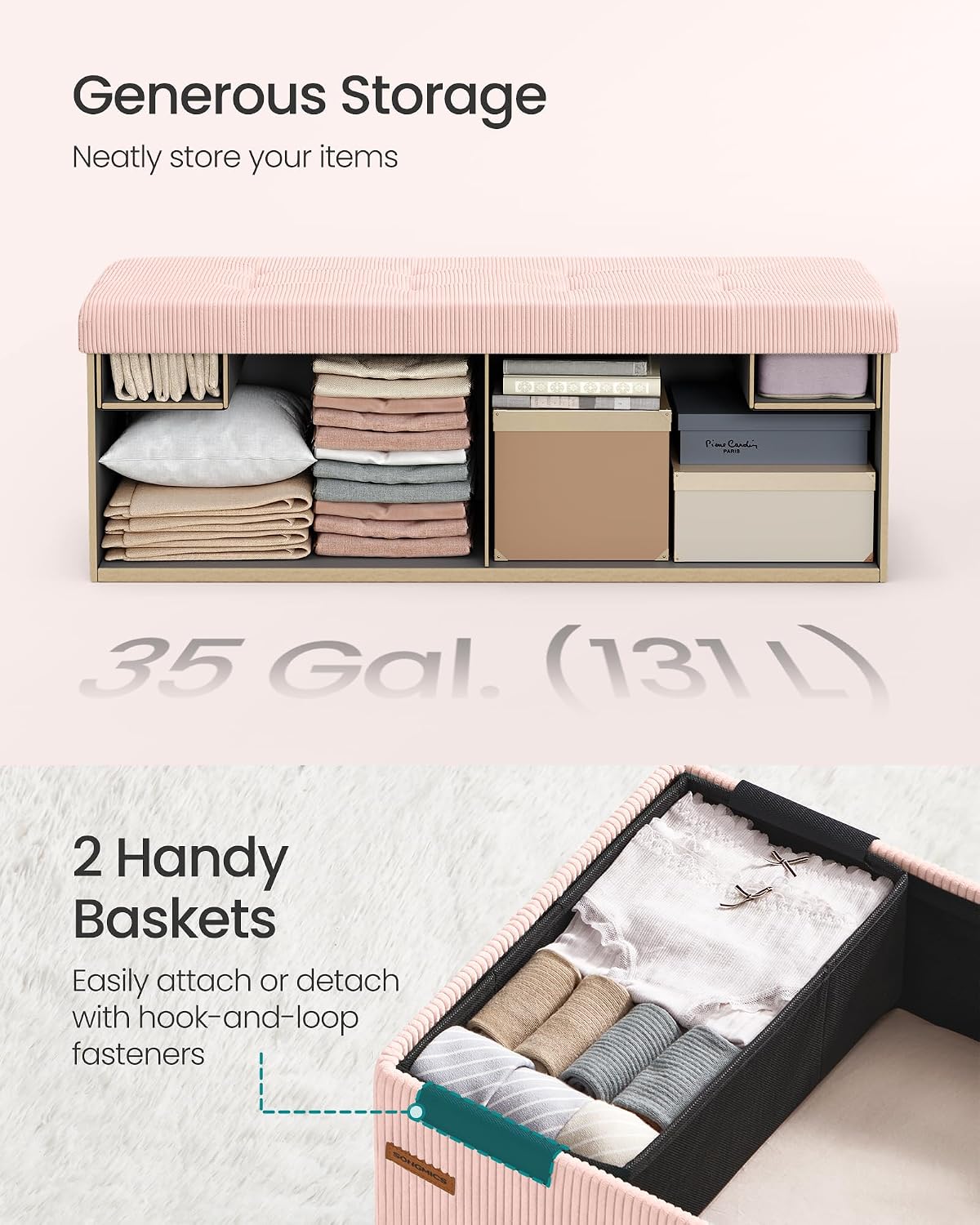 Pink Foldable Storage Ottoman Bench