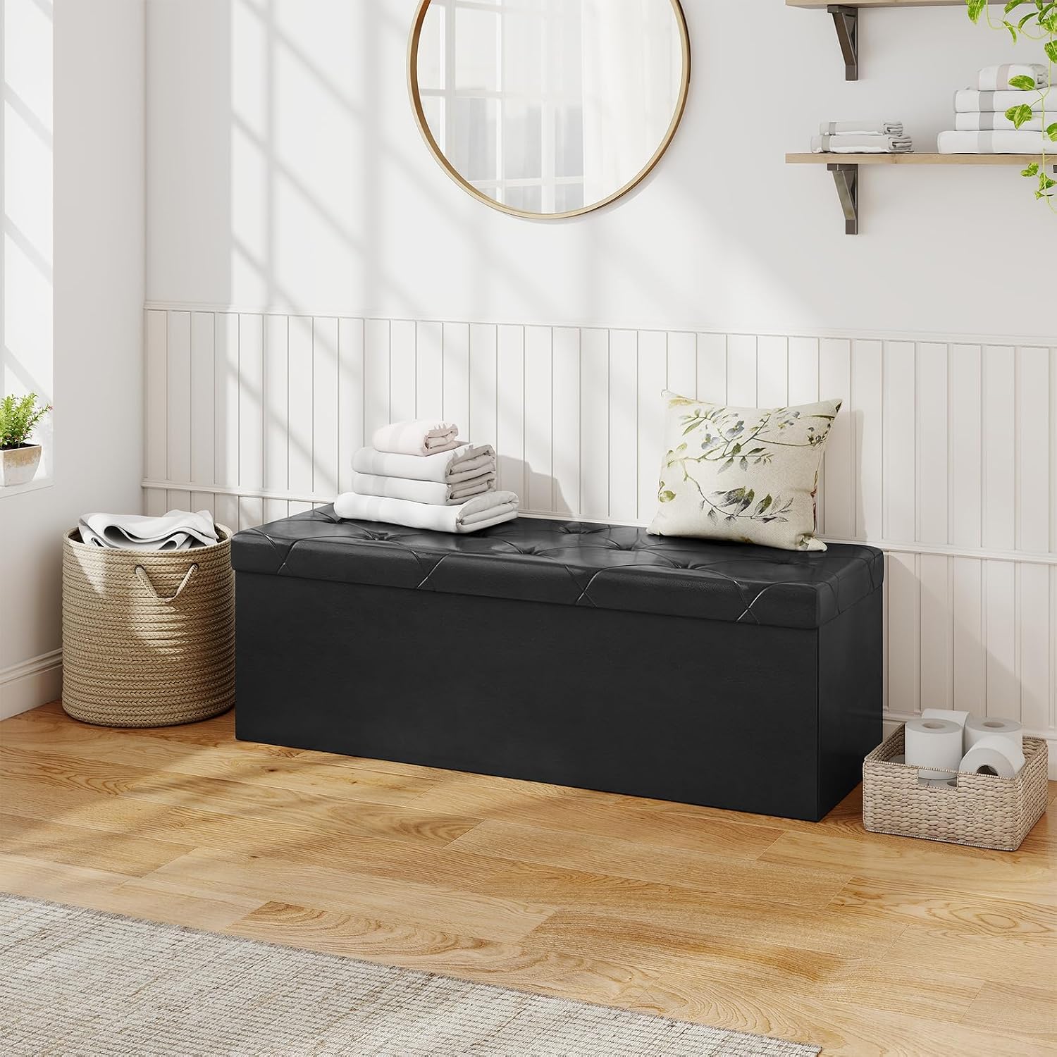 Black Leather Folding Storage Ottoman Bench