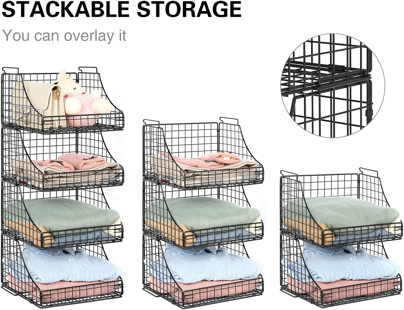 Black 4-Pack Stackable Metal Wire Closet Storage Baskets