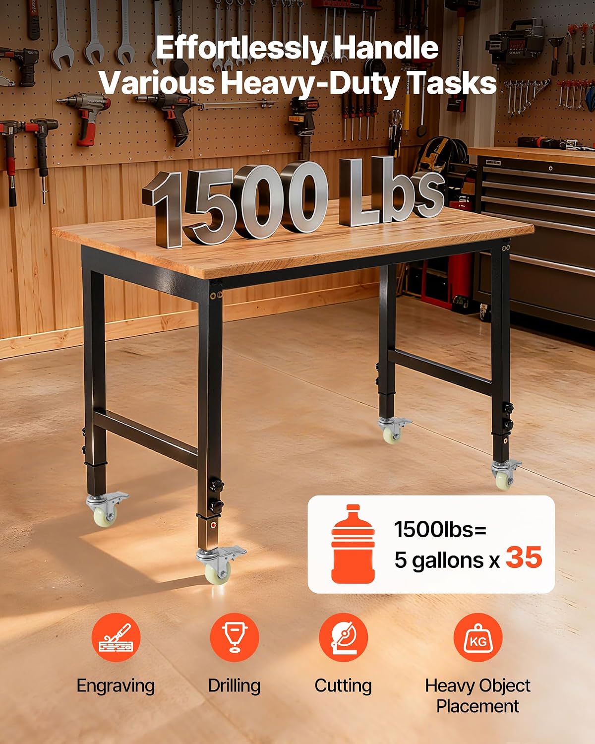 Rolling Oak Adjustable Garage Workbench