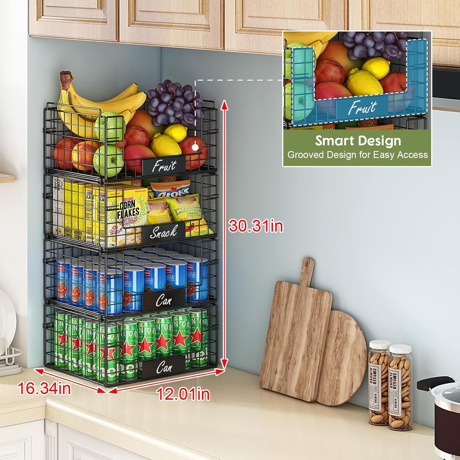 4-Pack XXL Stackable Metal Wire Pantry Storage Baskets