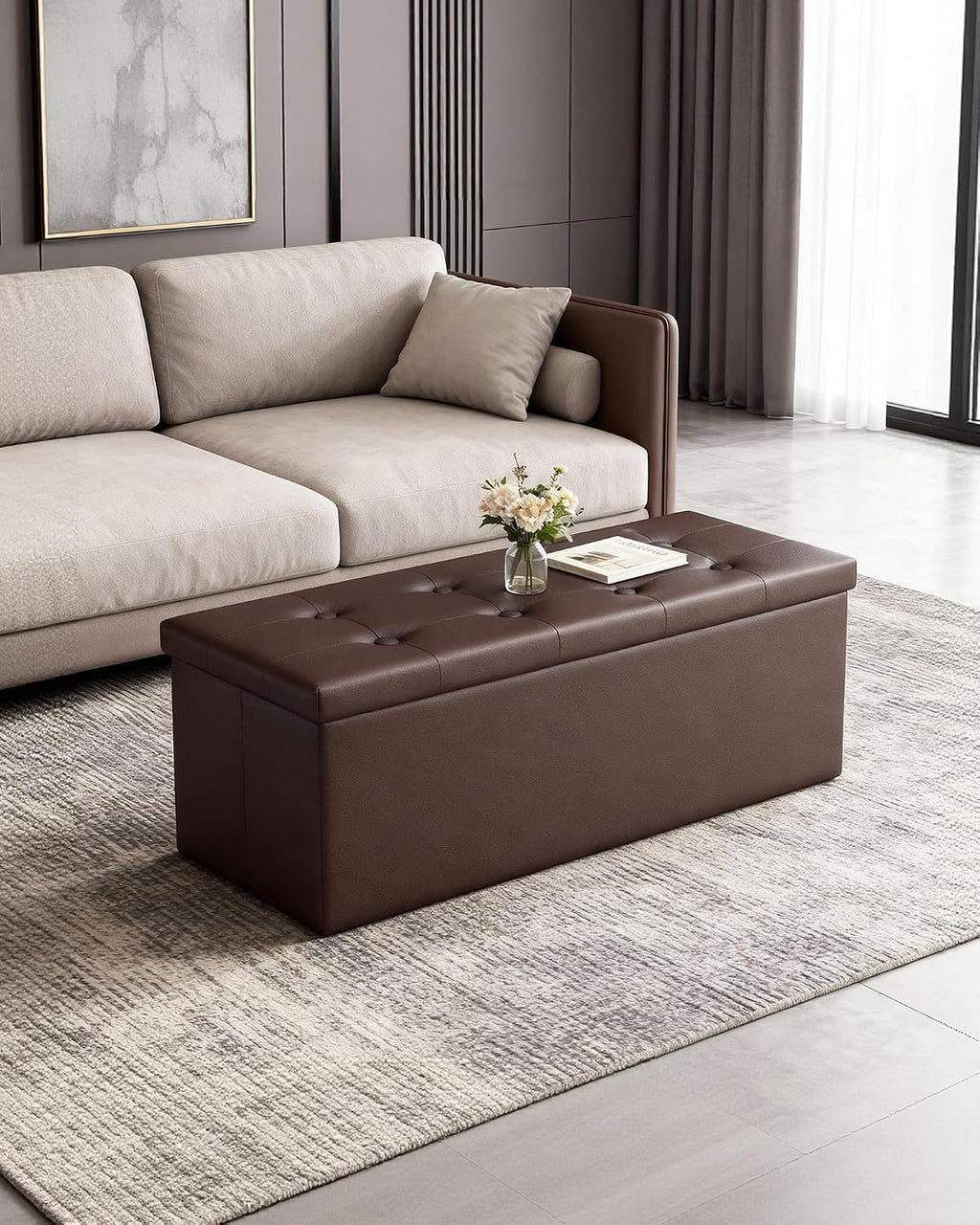 Brown Faux Leather Storage Ottoman Bench