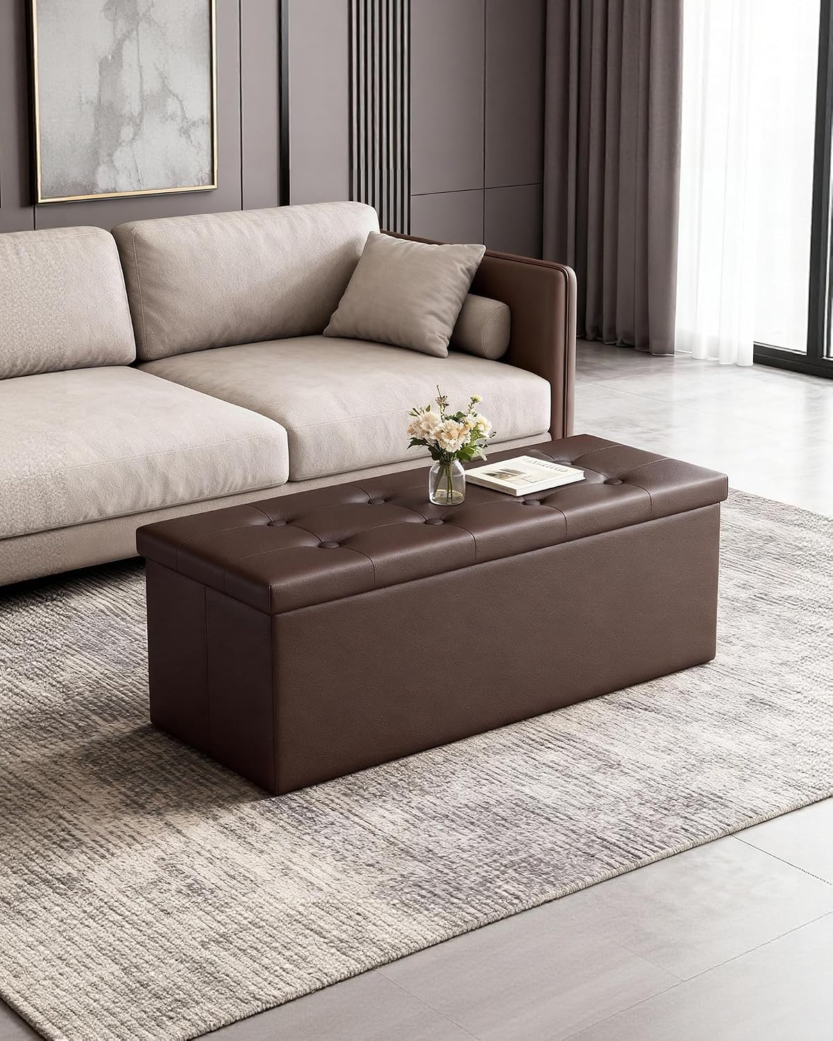 Brown Faux Leather Storage Ottoman Bench
