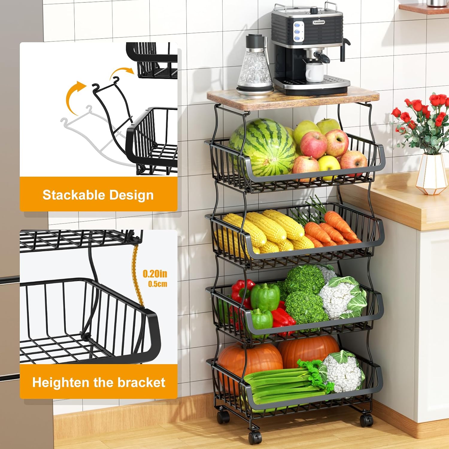 5-Tier Rolling Metal Wire Kitchen Storage Cart