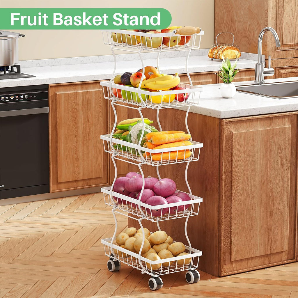 White 5-Tier Stackable Metal Wire Fruit Vegetable Storage Stand