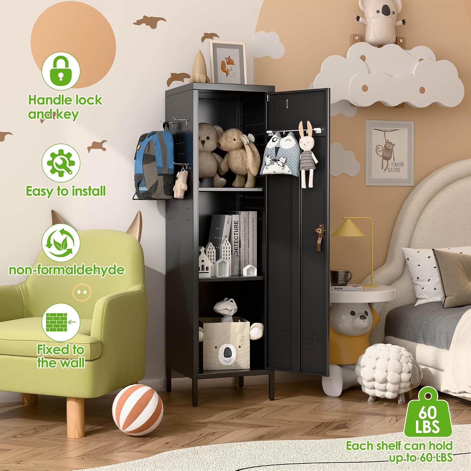 Steel Locker Cabinet with Lock Pegboards Hooks Hanging Rod