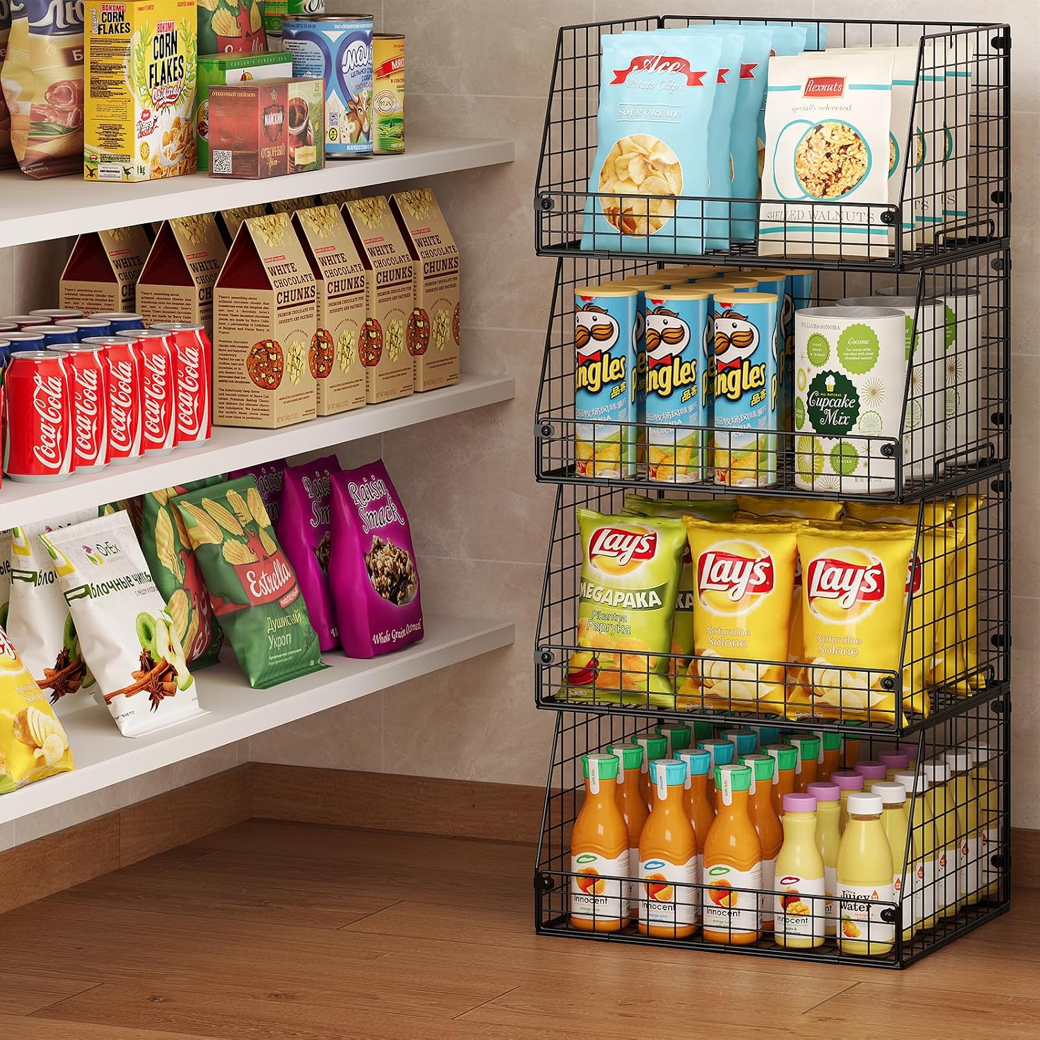 4-Pack XXL Stackable Metal Wire Pantry Storage Baskets