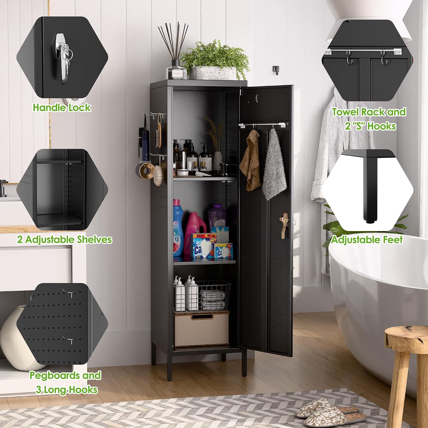 Steel Locker Cabinet with Lock Pegboards Hooks Hanging Rod
