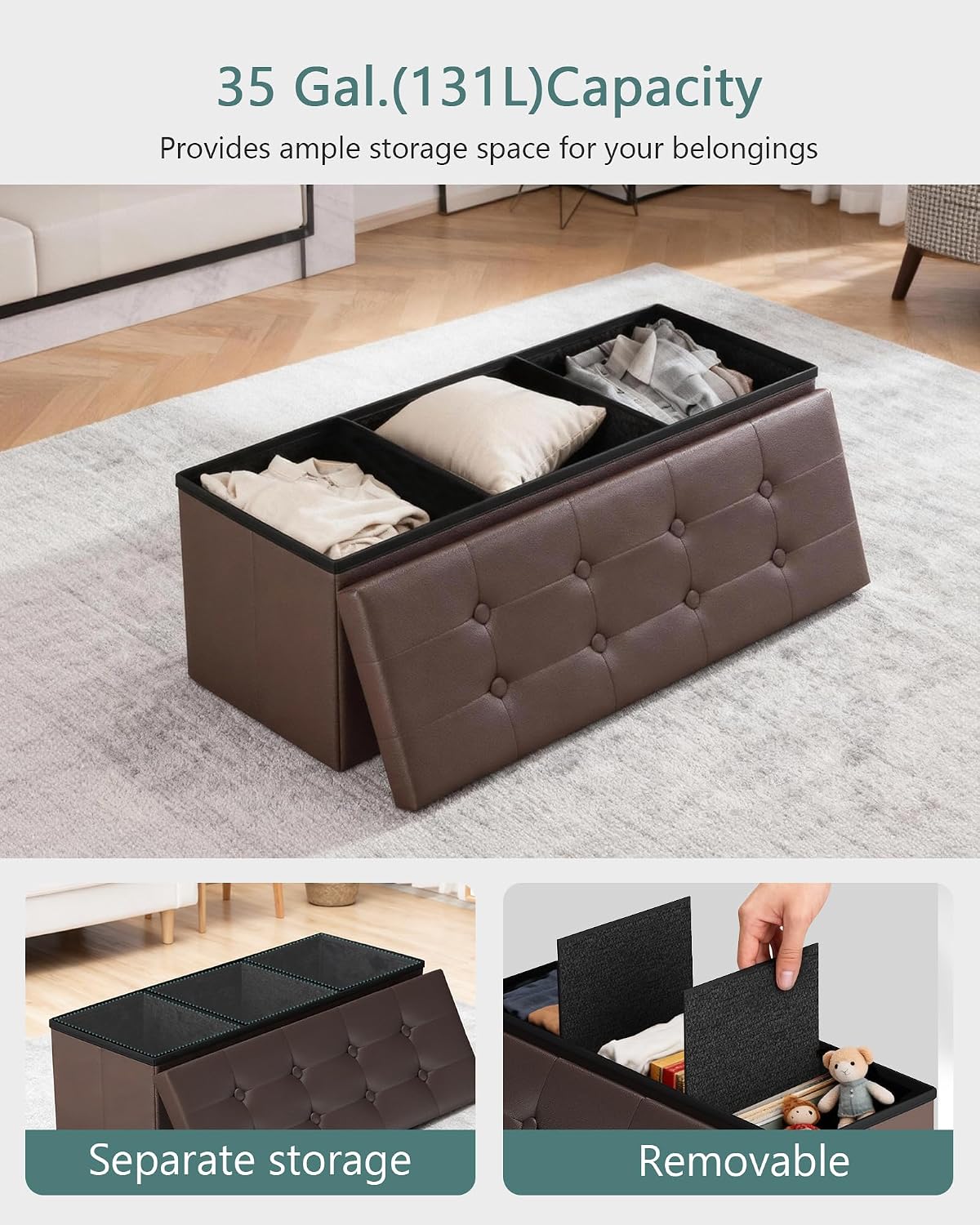 Brown Faux Leather Storage Ottoman Bench