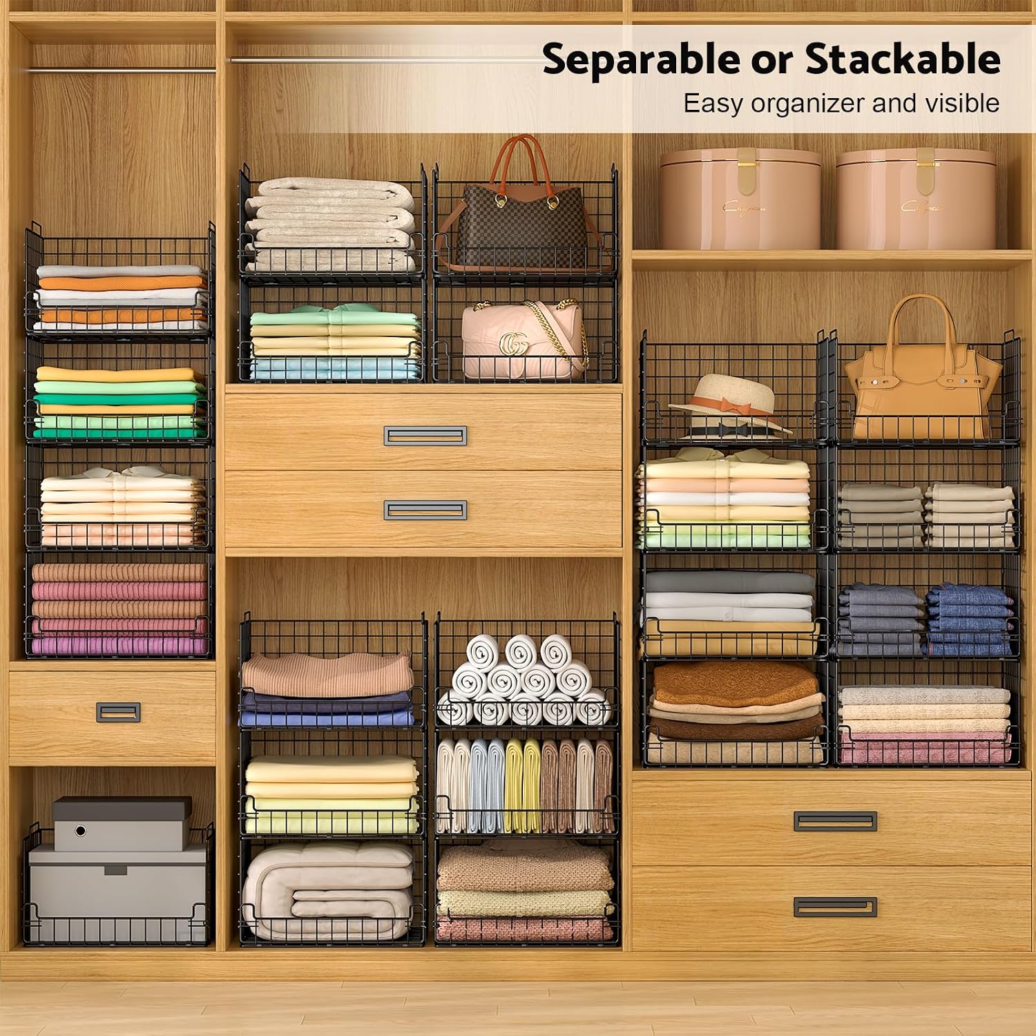 Black 4-Tier Foldable Metal Closet Storage Baskets