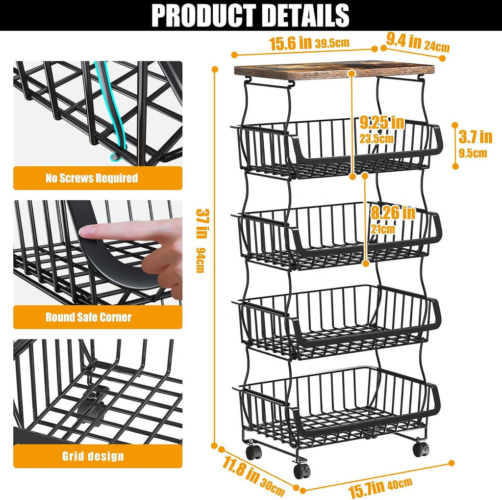5-Tier Rolling Metal Wire Kitchen Storage Cart