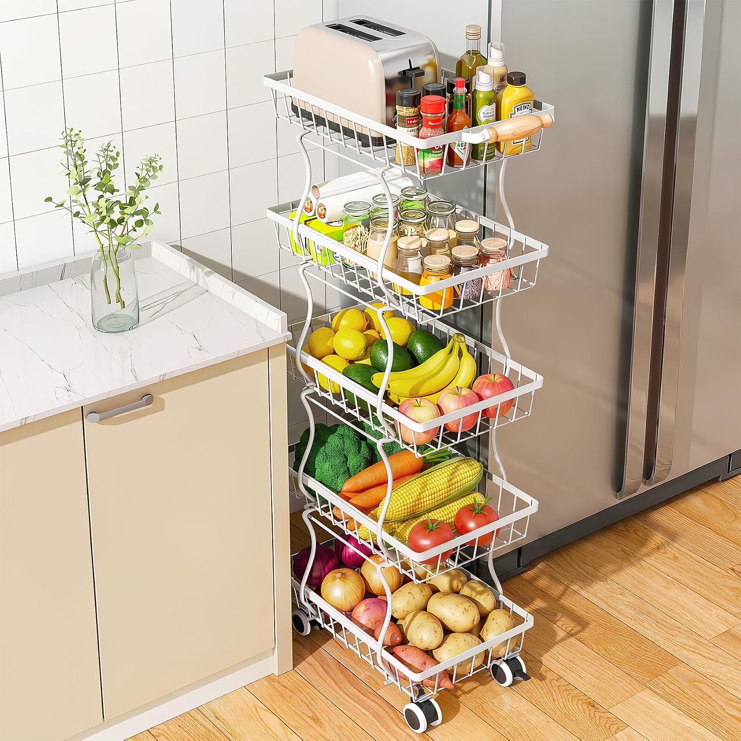White 5-Tier Stackable Metal Wire Fruit Vegetable Storage Stand