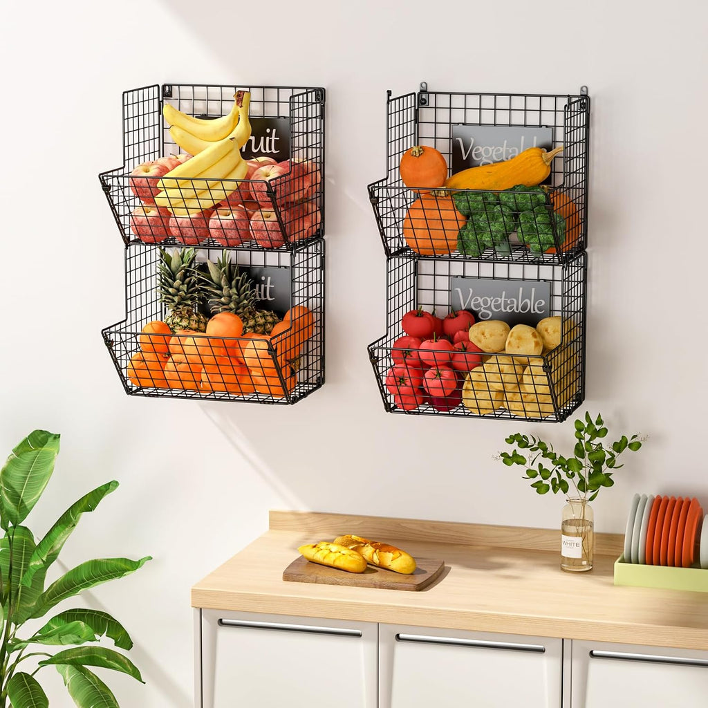 Black 4-Tier Wall Mount Metal Wire Storage Baskets