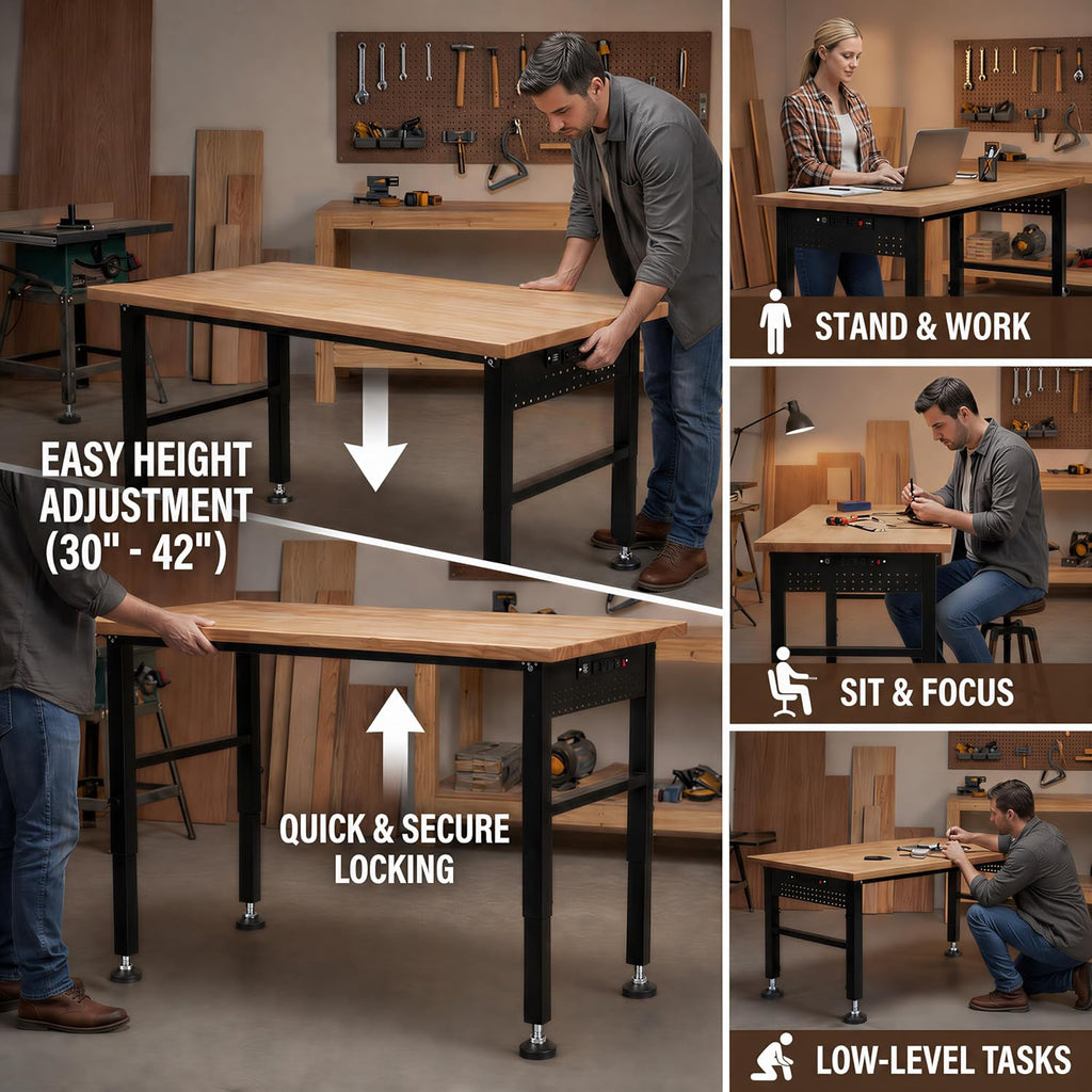 48 Inch Rubberwood Top Adjustable Heavy Duty Workbench