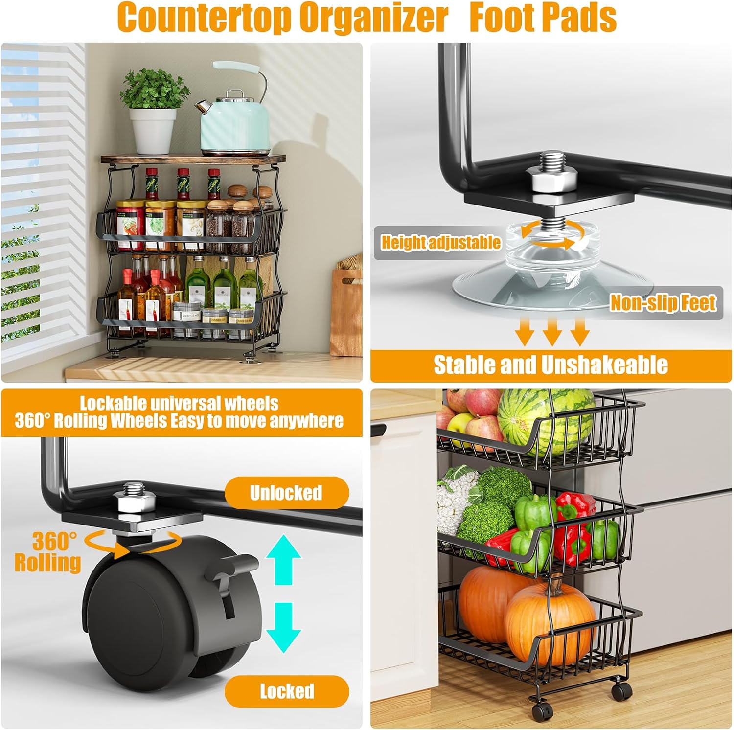 5-Tier Rolling Metal Wire Kitchen Storage Cart