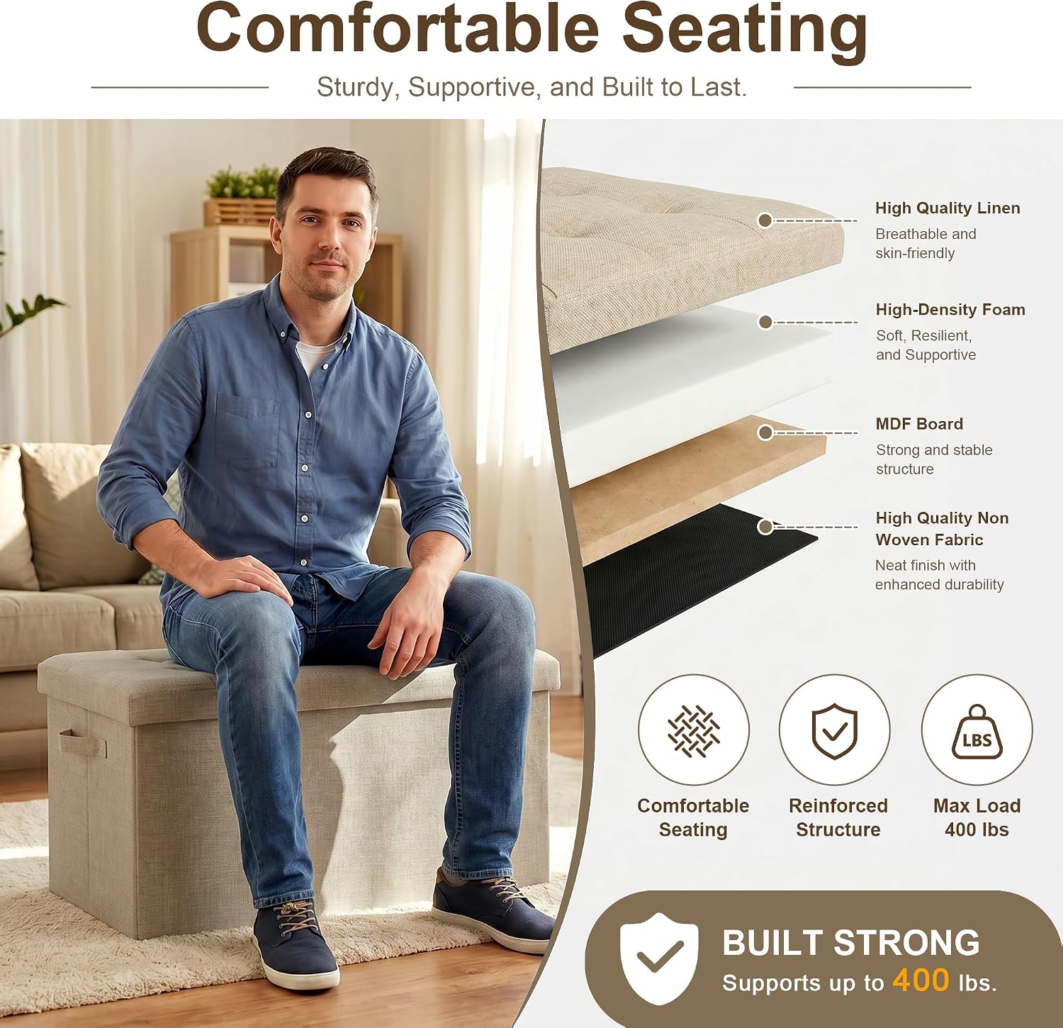 Collapsible Large Toy Storage Ottoman Bench