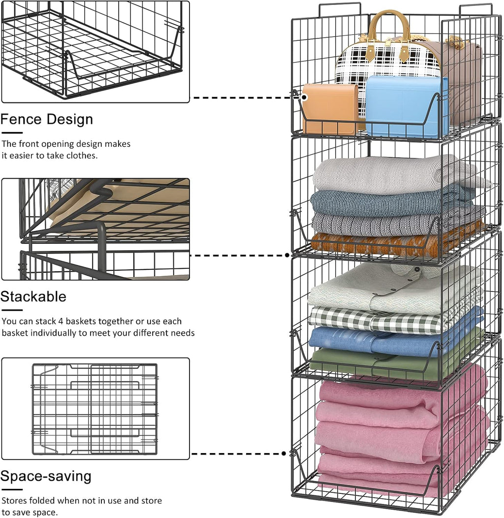 Black 4-Pack Stackable Metal Closet Storage Bins