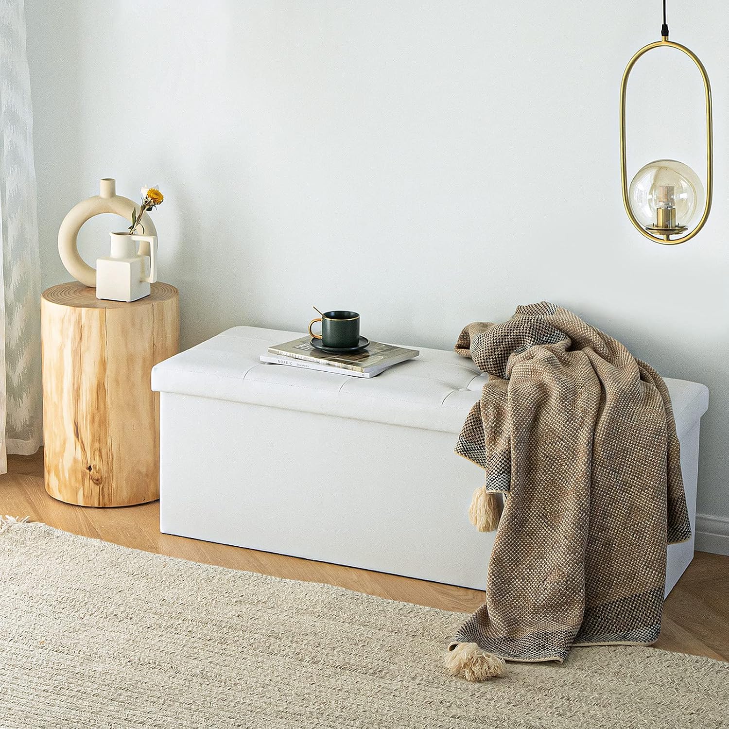 White Faux Leather Storage Ottoman Bench