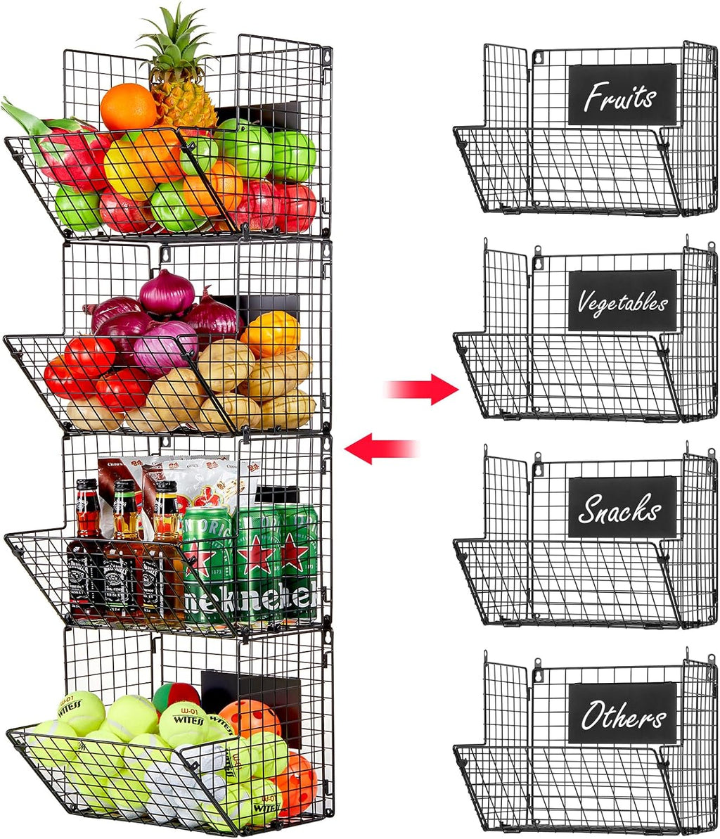Black 4-Tier Wall Mount Metal Wire Storage Baskets