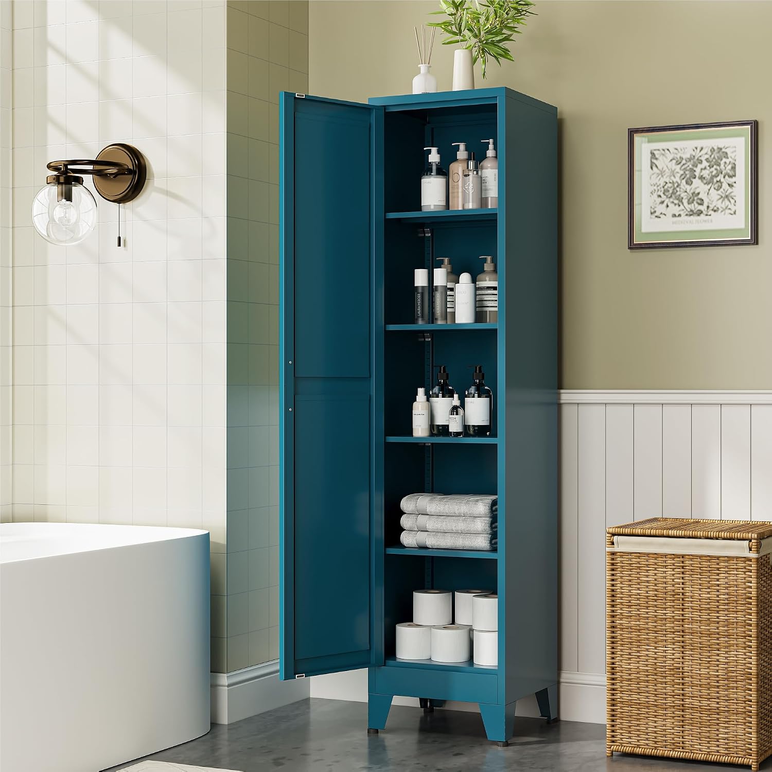 Peacock Blue Slim Metal Storage Cabinet