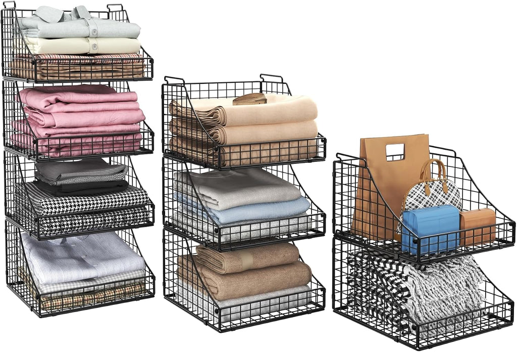 Black 4-Pack Stackable Metal Wire Closet Storage Baskets