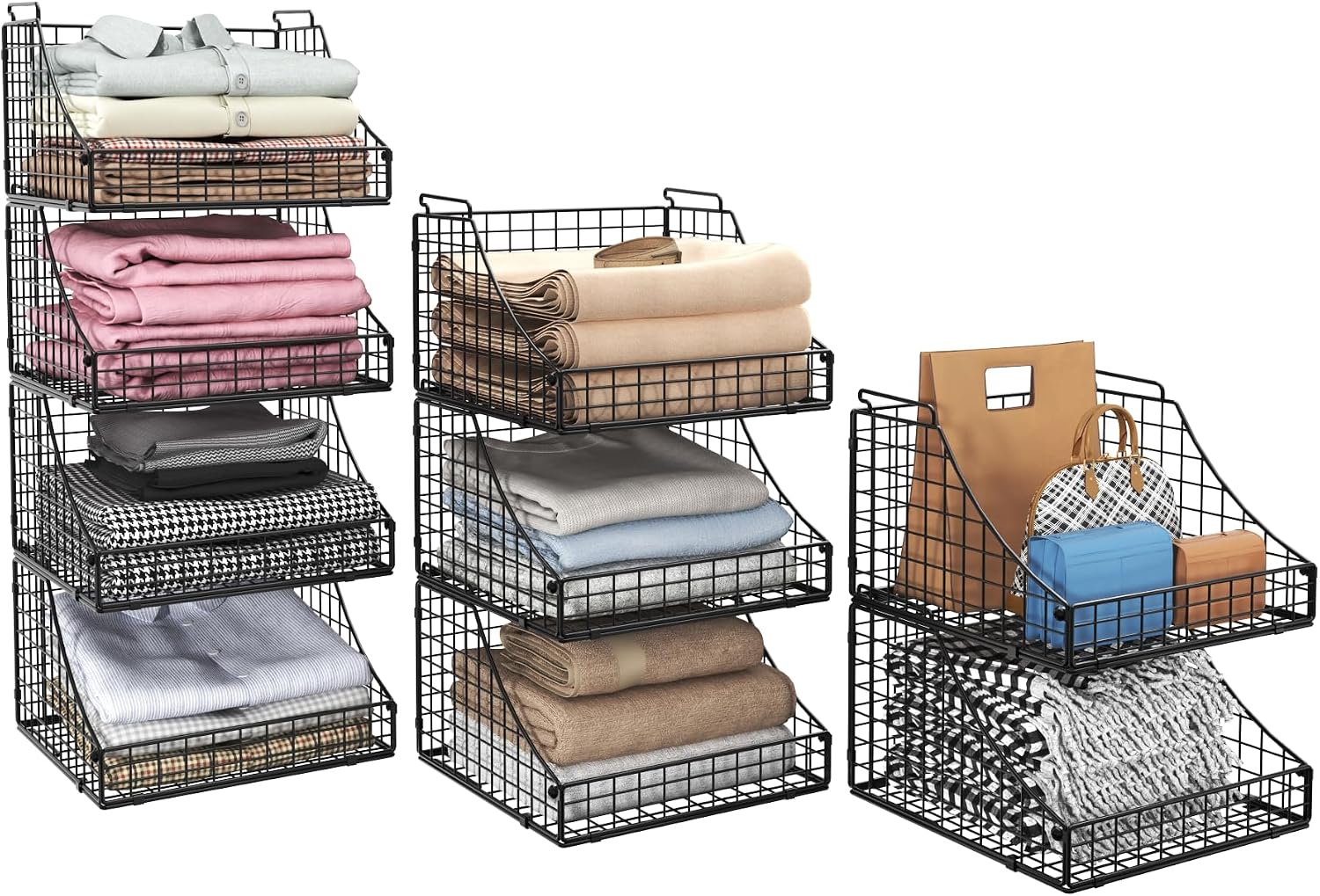 Black 4-Pack Stackable Metal Wire Closet Storage Baskets
