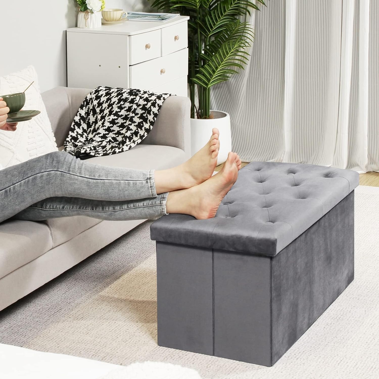 Grey Velvet Folding Storage Ottoman Bench