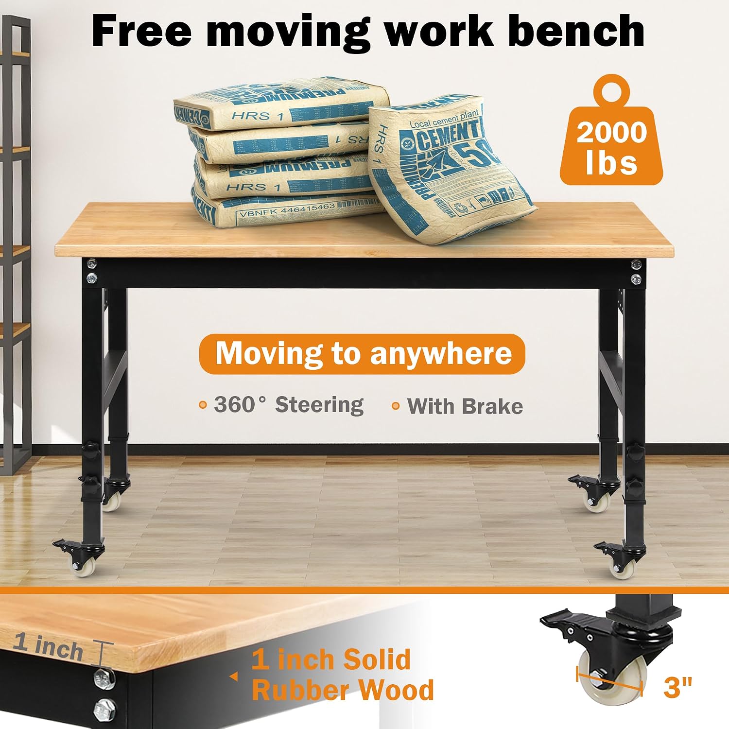 60 Inch Rolling Rubberwood Adjustable Heavy Duty Workbench