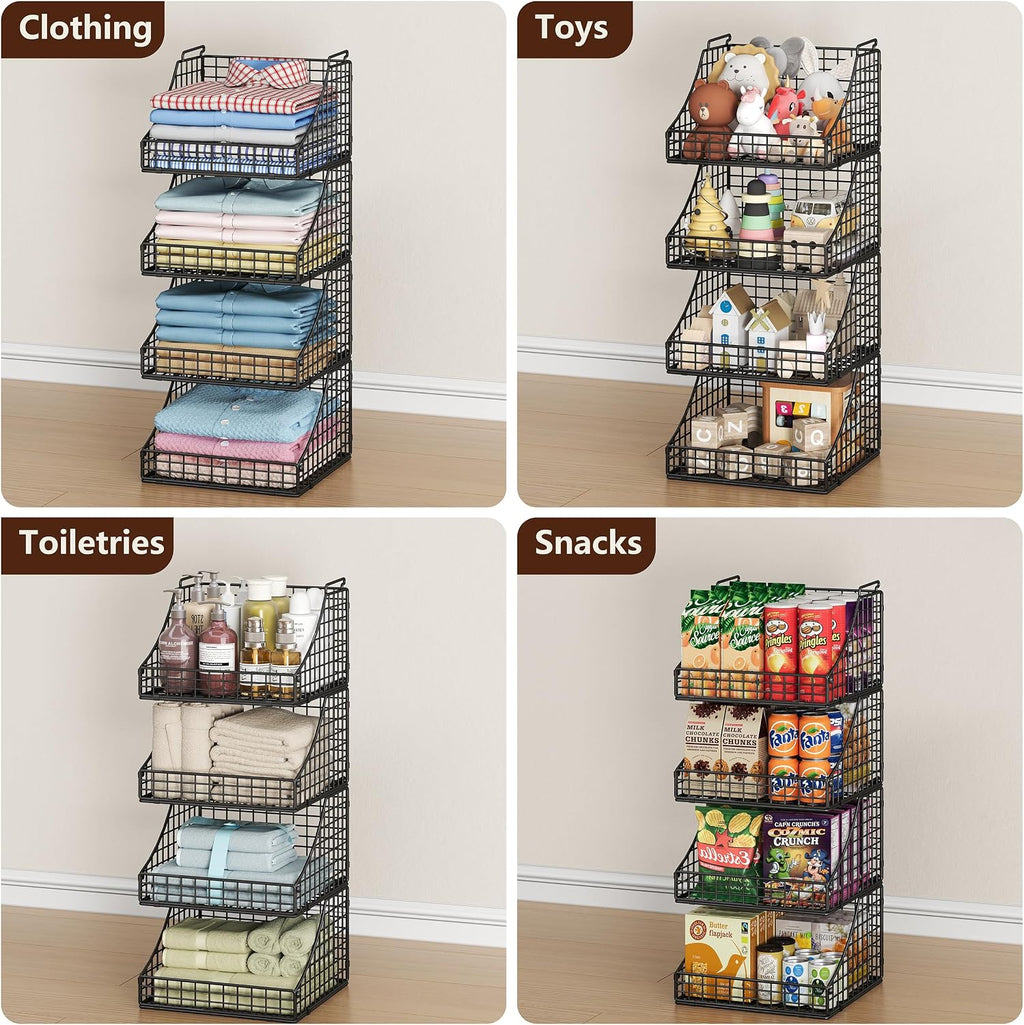 Black 4-Pack Stackable Metal Wire Closet Storage Baskets