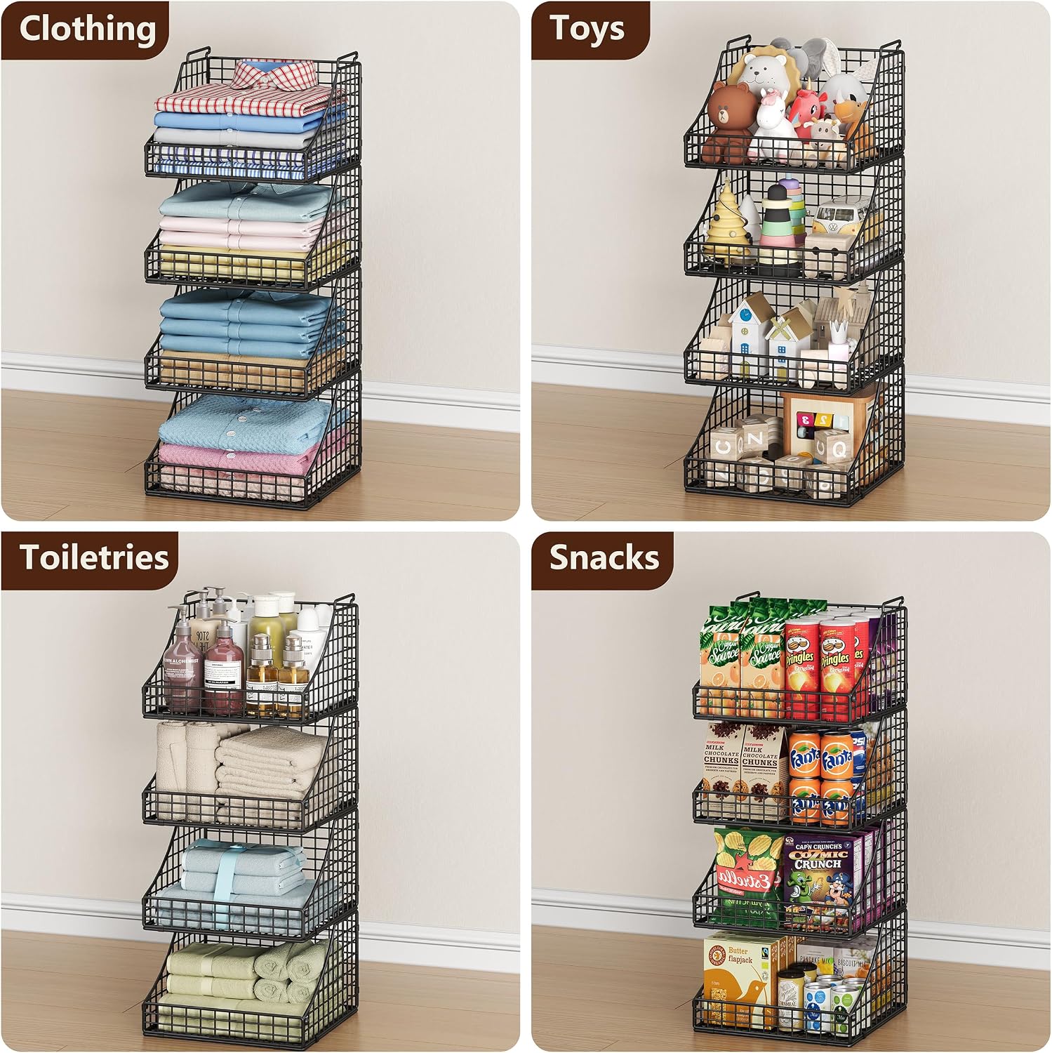 Black 4-Pack Stackable Metal Wire Closet Storage Baskets