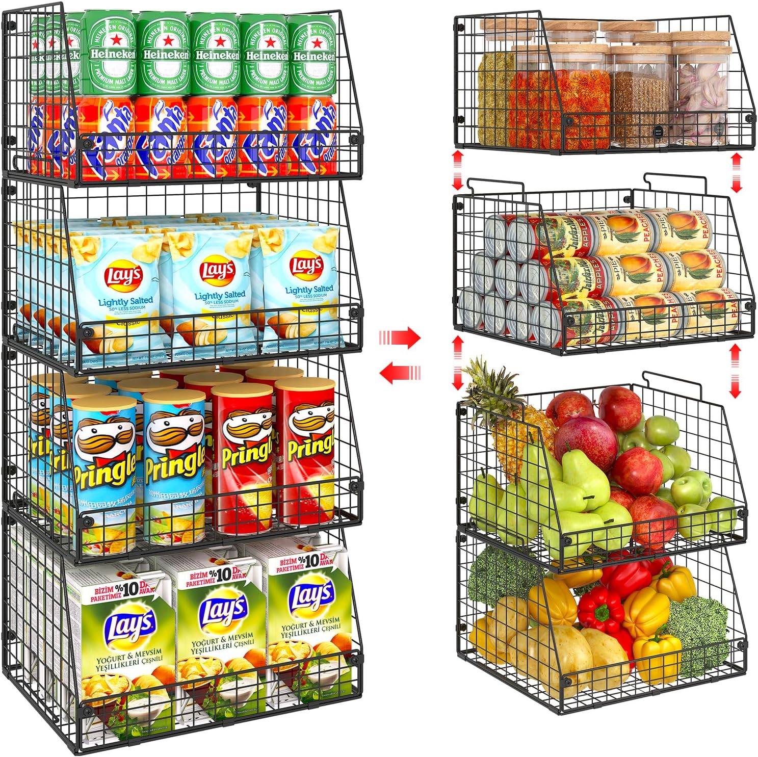 4-Pack XXL Stackable Metal Wire Pantry Storage Baskets