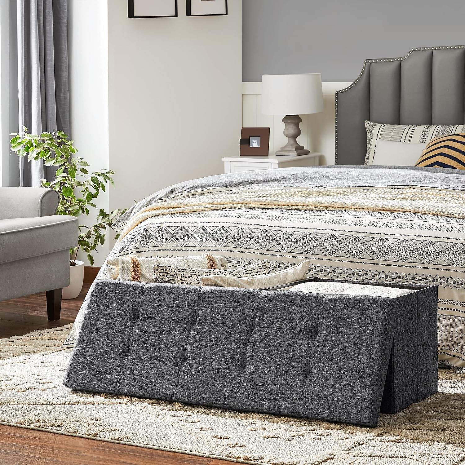 Dark Gray Foldable Storage Ottoman Bench