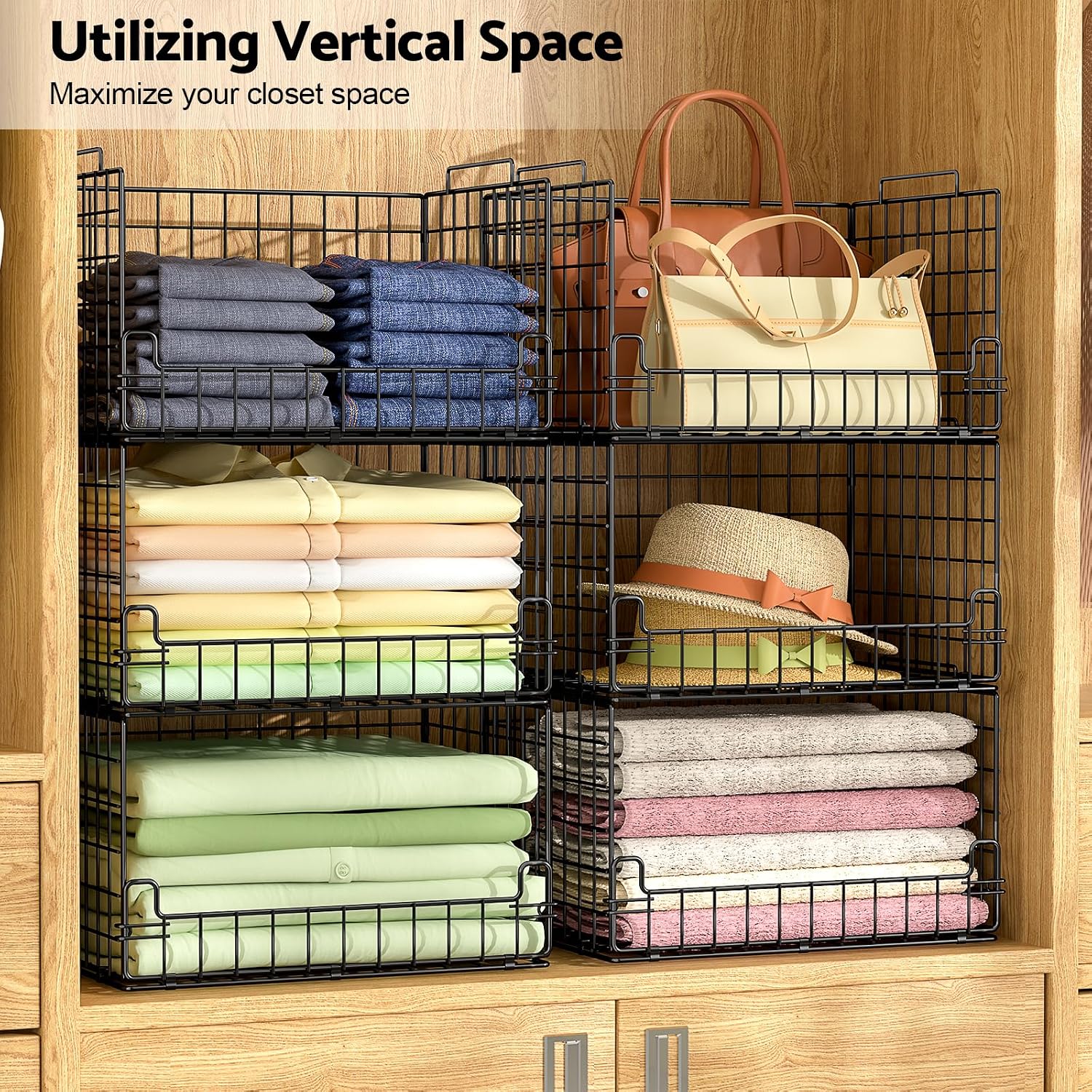 Black 4-Tier Foldable Metal Closet Storage Baskets
