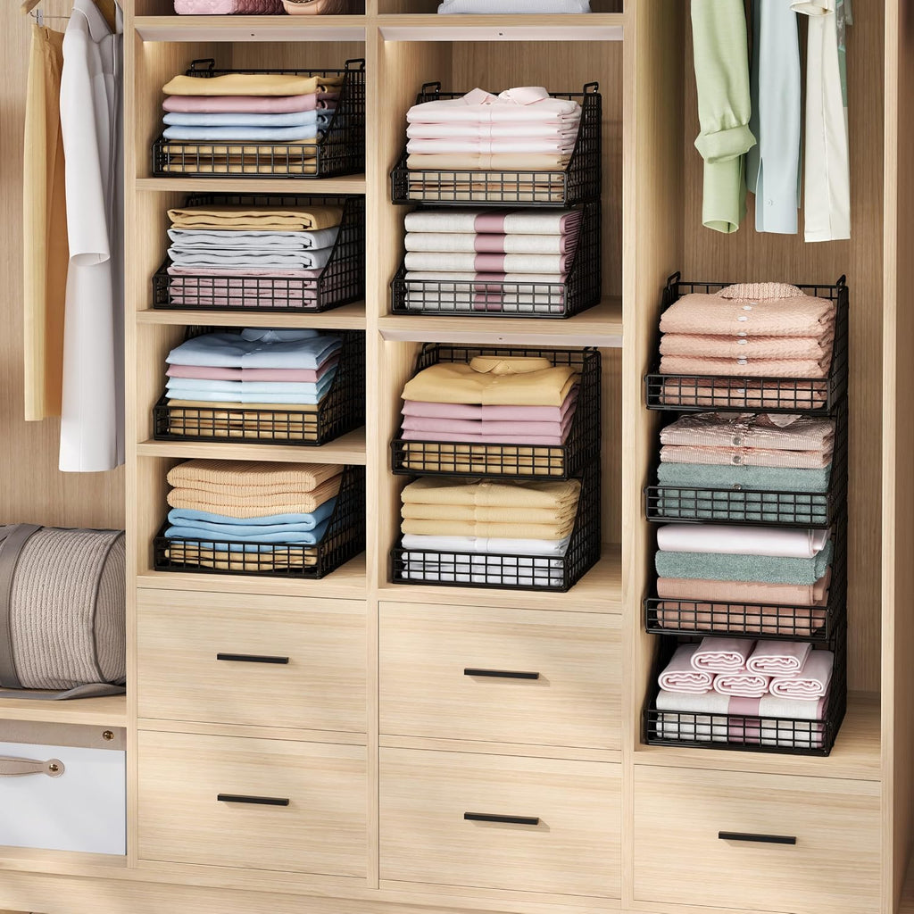 Black 4-Pack Stackable Metal Wire Closet Storage Baskets