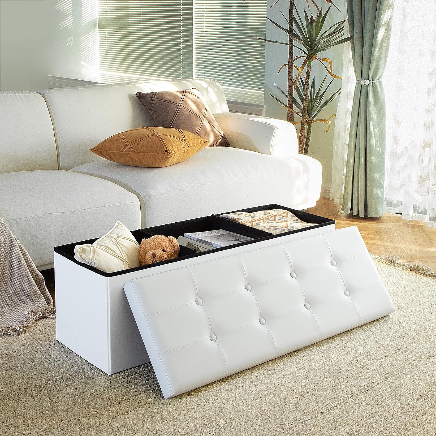 White Faux Leather Storage Ottoman Bench
