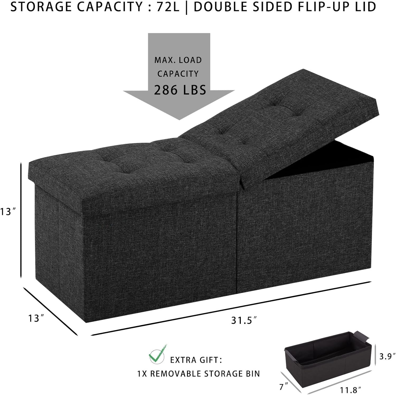 Navy Linen Foldable Storage Ottoman