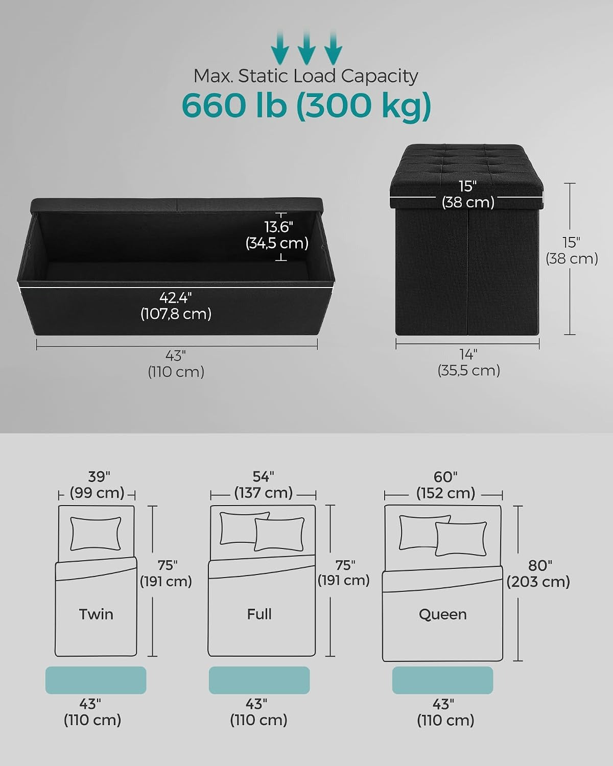 Ink Black Foldable Storage Ottoman Bench